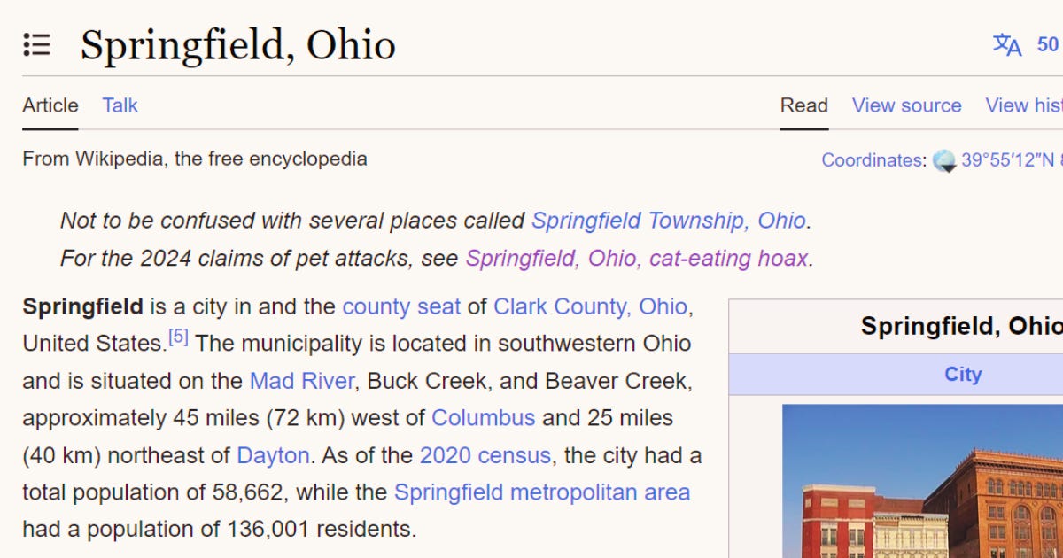 Screencap of the Wiki page for Springfield, Ohio, which now has a redirect to a page specifically about the cat-eating hoax. What a reputation to have as a city!