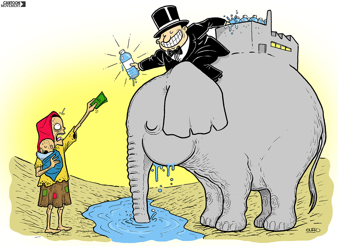 Cartoon showing an elephant with a water bottling factory on its back. An industrialist is handing a bottle of water to a poor looking woman in exchange for money, while the elephant is sucking in massive amounts of water through its trunk from a stream.