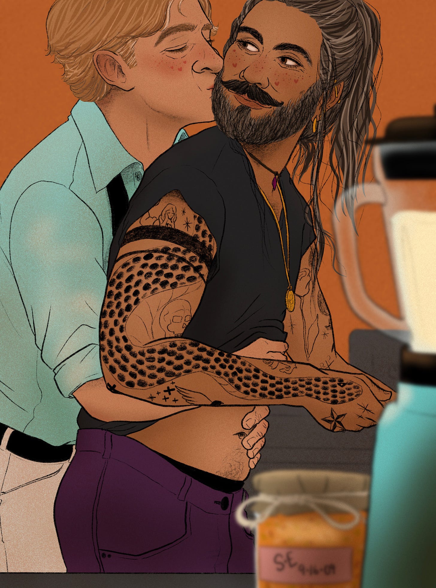 Stede and Ed in a modern AU (Pina Coladas by faeeebaeee on AO3). Stede is behind Ed in their kitchen, giving him a kiss on the cheek.