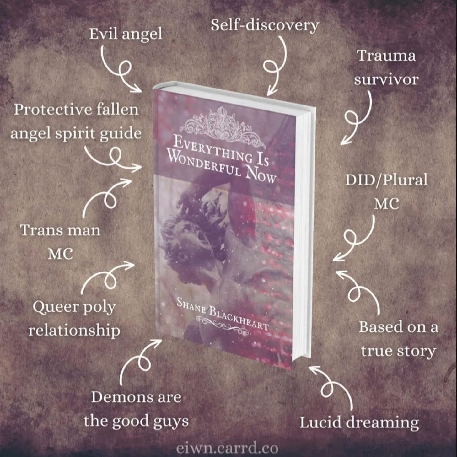 The cover of the book with tropes surrounding it. The text reads: self-discovery, trauma survivor, DID/Plural MC, Based on a true story, lucid dreaming, demons are the good guys, queer poly relationship, trans man MC, protective fallen angel spirit guide, evil angel.