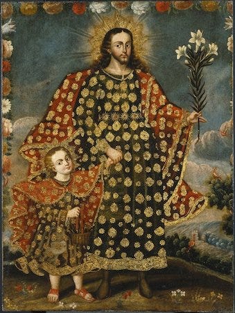 Cuzco School Artist, Saint Joseph and the Christ Child, late 17th–18th century, oil on canvas, 109.2 x 81.6 cm (Brooklyn Museum)