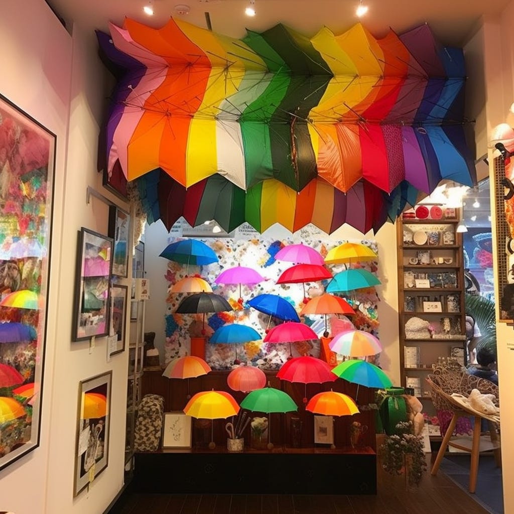 Rainbow umbrellas in a shop