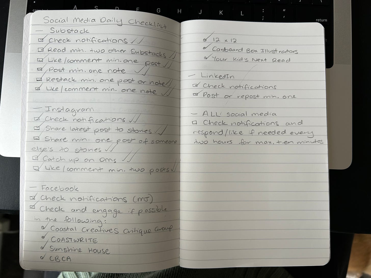 Open notebook showing a page and a half of text including all the social media tasks to check off in a day.