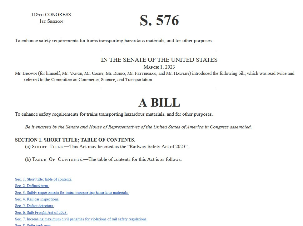 railroad senate bill s. 576 hazardous chemicals