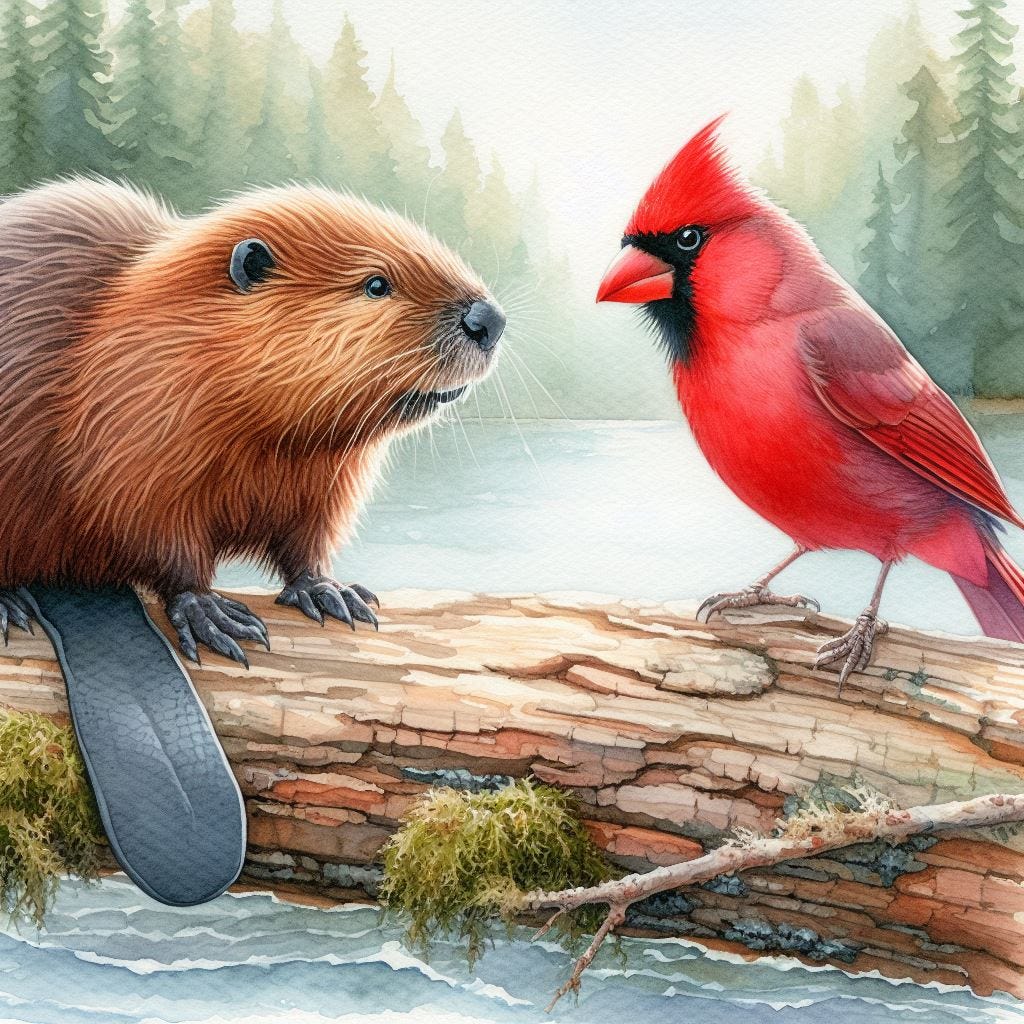 A beaver and a cardinal staring at each other on a log, watercolor