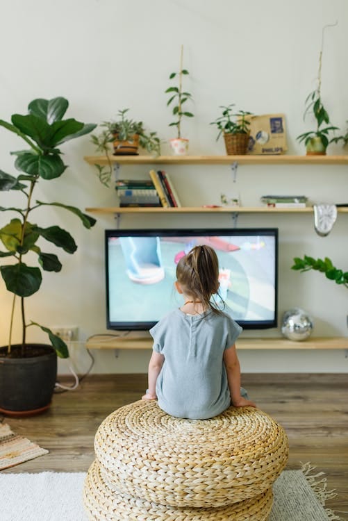 Free Back view of unrecognizable little kid watching television in living room with potted plants in house Stock Photo