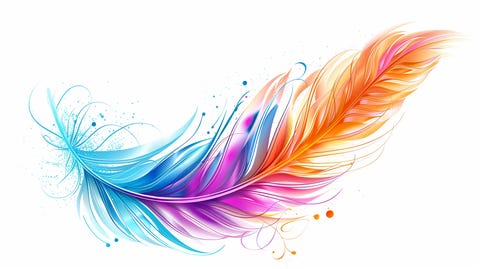 Brightly colored feather clipart with vibrant shades of purple, blue, and orange.