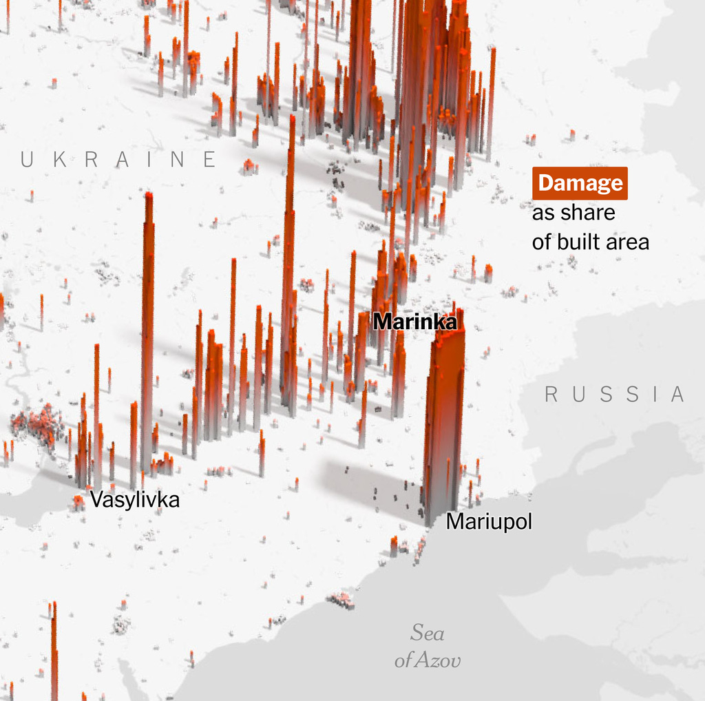 A map of Ukraine’s eastern frontline showing red spikes where damage from war was detected by Satellites