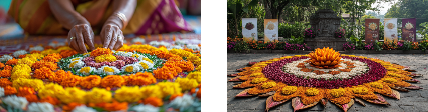 Two images showcasing traditional floral rangoli designs: the left captures a close-up of a person’s hands carefully placing vibrant yellow, orange, and white flowers into a detailed circular pattern, highlighting the intricate craftsmanship. The right features an elaborate outdoor rangoli with concentric circles of flowers in shades of yellow, orange, and maroon, centered around a large, sculpted floral arrangement, set in a garden-like space with greenery and decorative banners in the background.