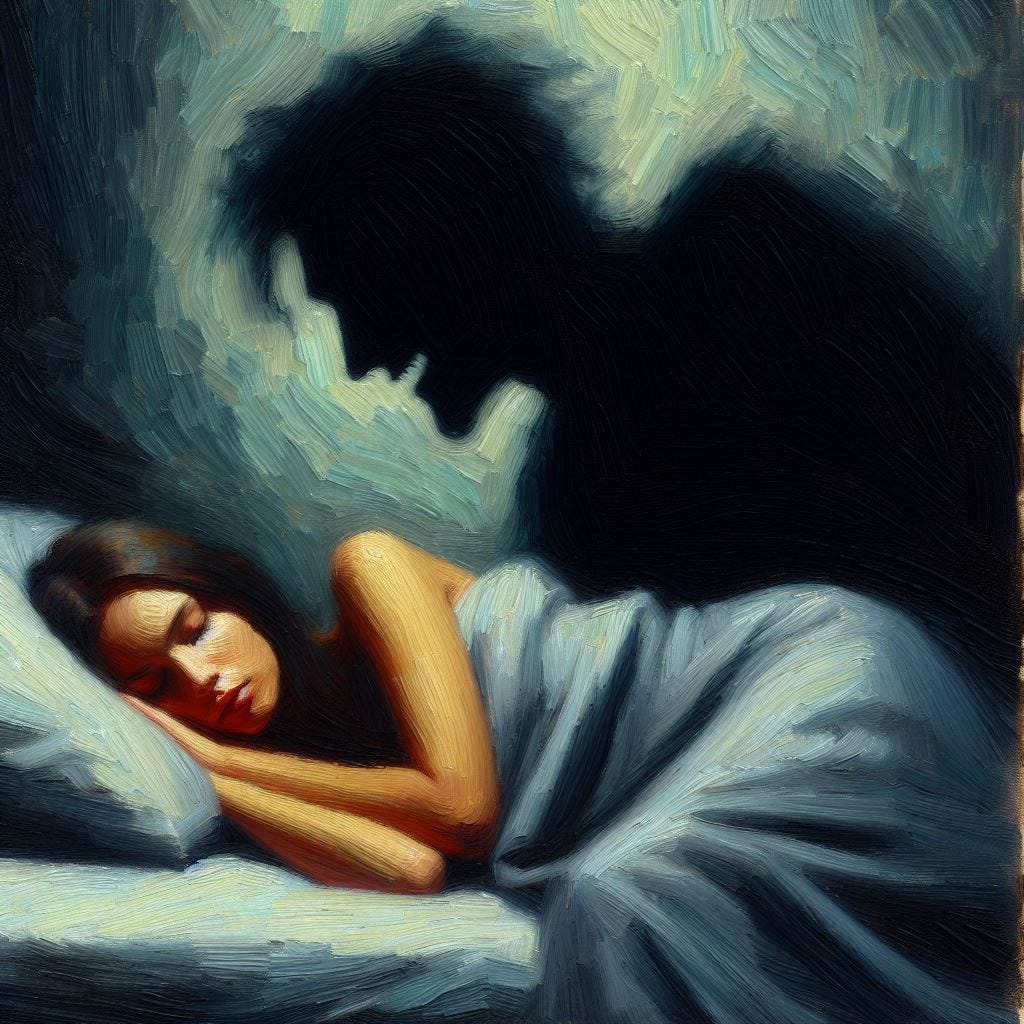 A woman sleeps soundly in her bed. A dark shadow of a man with unruly black hair falls over her. Ominous. Impressionist-style