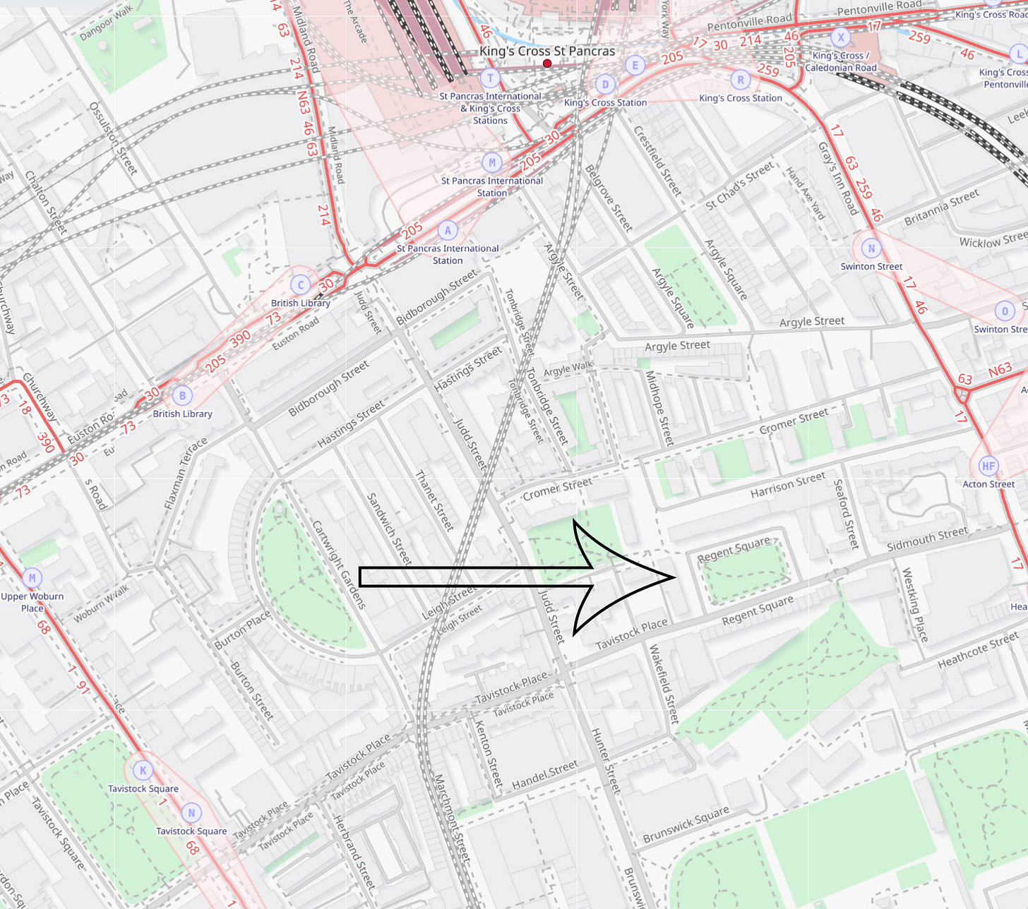 a map of bloomsbury with a dirty great big arrow pointing to Regent Square