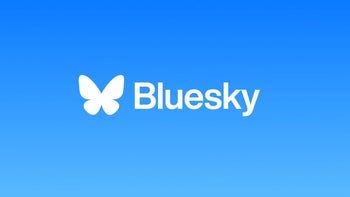 Bluesky logo and name written in white on a bright blue background.A blue field with a white butterfly and white text. 