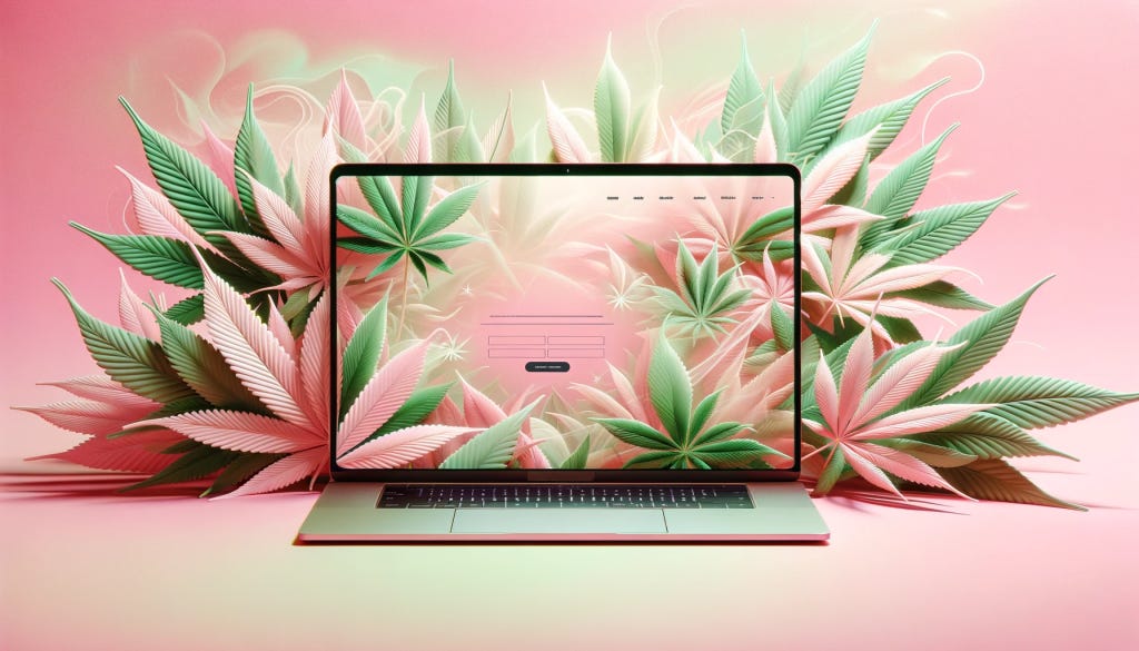pink cannabis leaves surround a laptop computer showing the creativity of the herbal creative and cute canva template THC template club