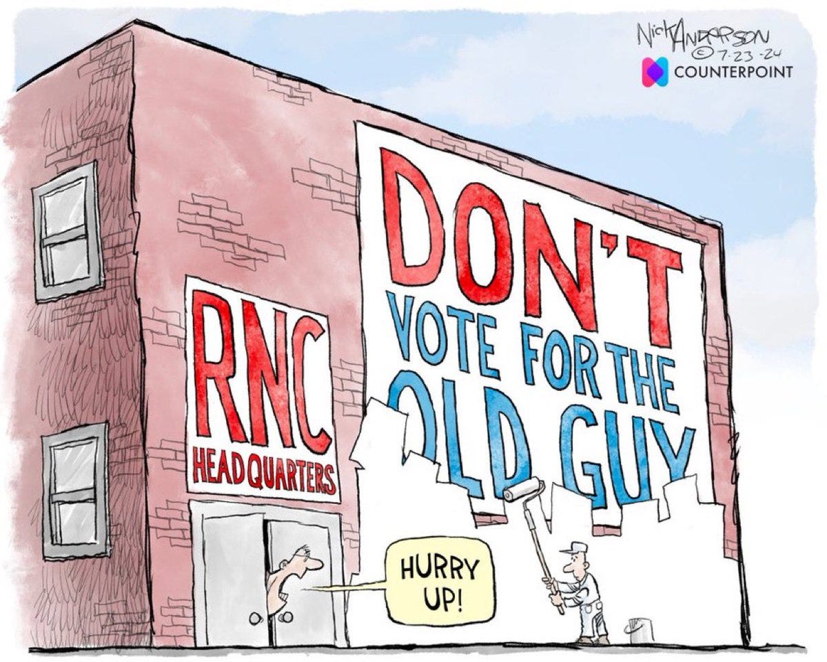 A brick building with a huge mural on the side reading "Don't vote for the old guy" is being painted over by a painter. The building has a sign that says RNC headquarters and there's someone with their head out the door shouting at the painter to "Hurry up!"