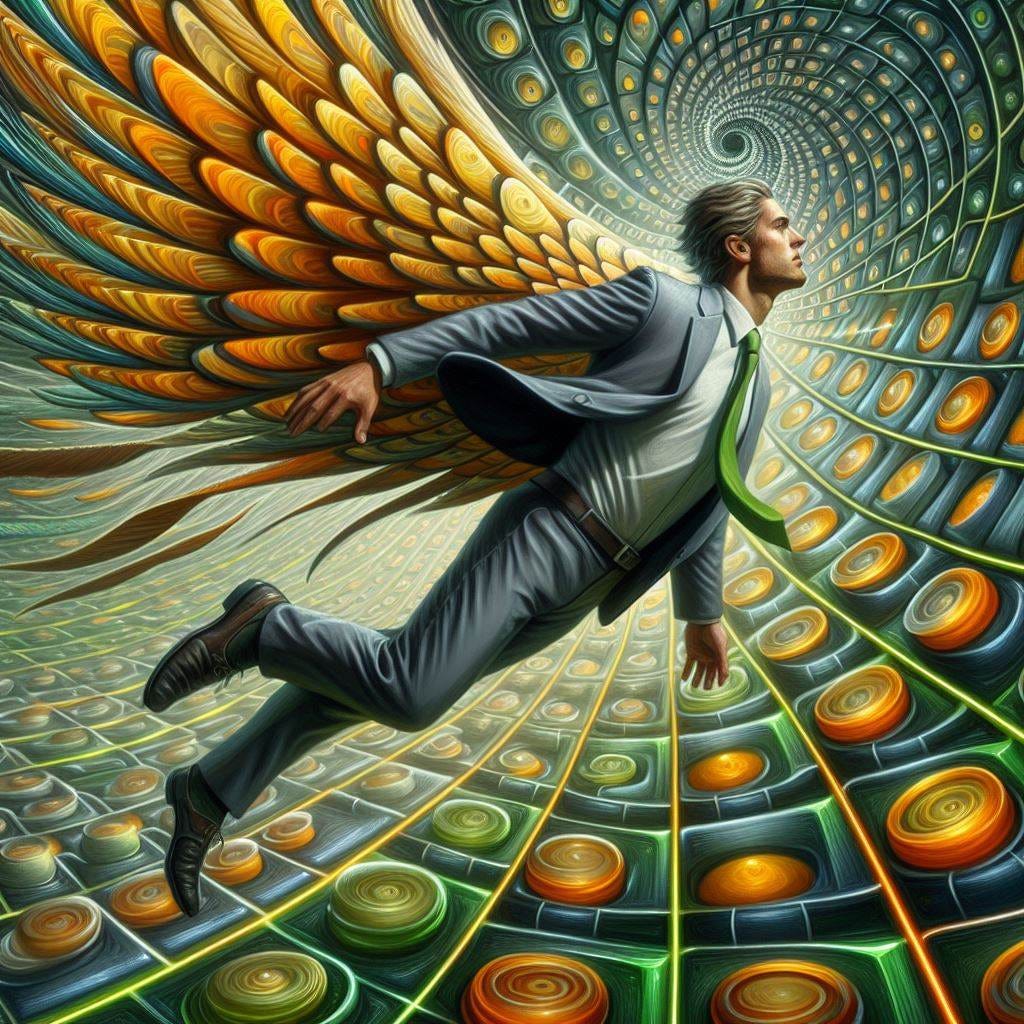 Chunky oil painting; lblack heroic man, facial hair/shoes are elegant. light green silk shirt with man falling. macro image by charles krebs close up of wing scales of the Prola beauty , Panacea prola. The background is a spiral of  glass orange circles .They spiral to a point and disappear in the center of the screen. a dark green background with see through squares with thin neon green and yellow light as trim.chunky oil, painting.falling through fluffy white clloudy sky