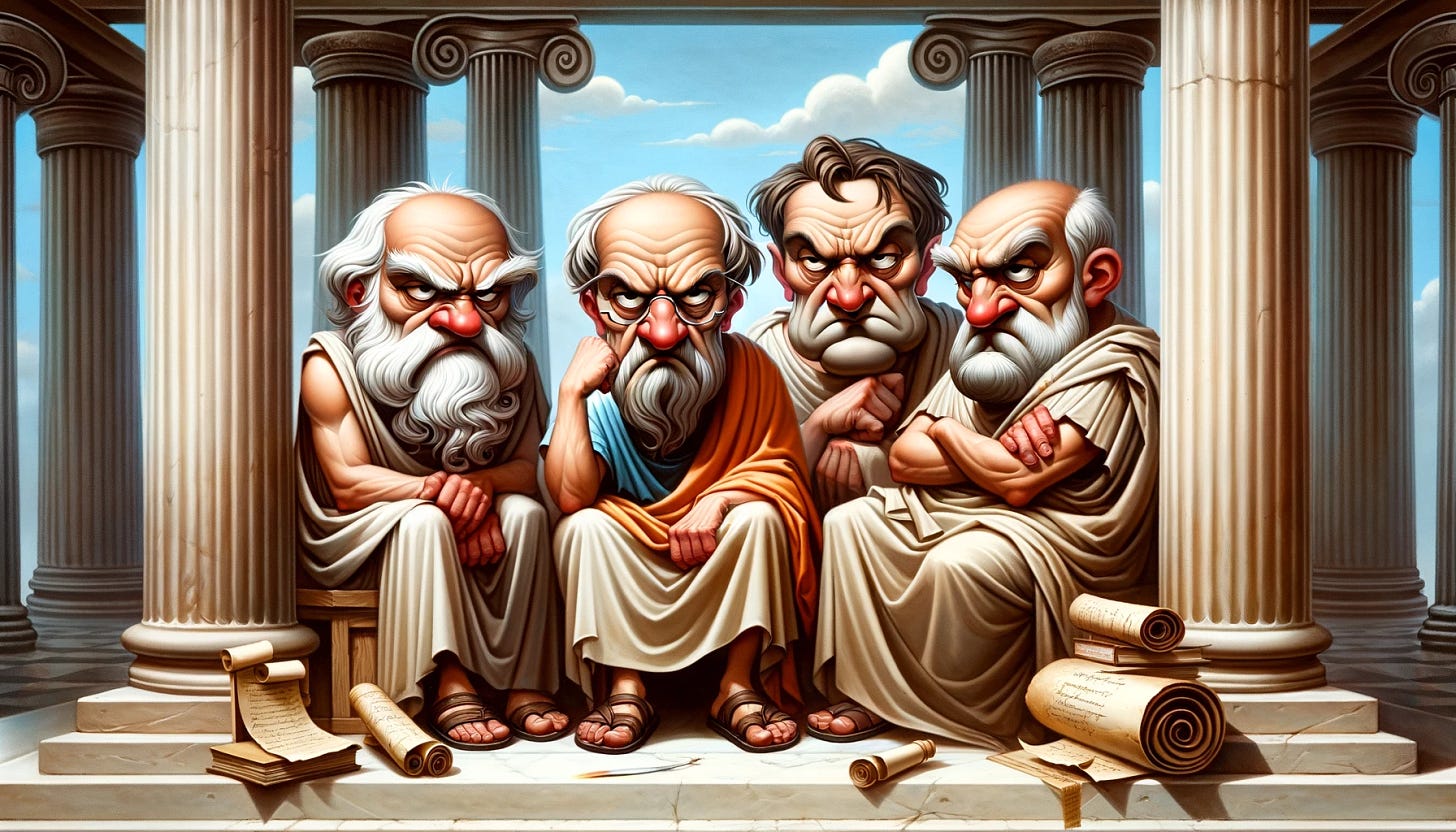 A whimsical and artistic vignette of grumpy Greek philosophers. The image should depict figures like Plato, Aristotle, and Epicetus, each in traditional Greek attire, with exaggerated grumpy expressions on their faces, as if they are disapproving of comedy. They should be situated in a classic Greek setting, perhaps a marble-columned hall or an outdoor amphitheater, with scrolls, books, and quills scattered around, emphasizing their scholarly nature. The style should be a blend of humor and historical accuracy, with a lighthearted touch to the portrayal of these famous philosophers.