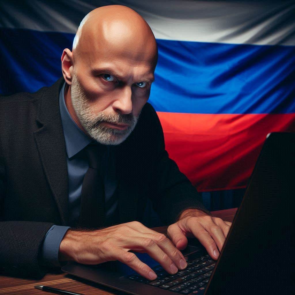 middle aged bald russian man looking sinister at a computer, in front of a russian flag