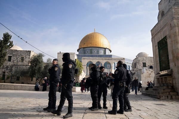 Israeli police officers at the Aqsa Mosque compound in Jerusalem on Jan. 3, the day that the new minister for national security, Itamar Ben-Gvir, toured the contested site. 