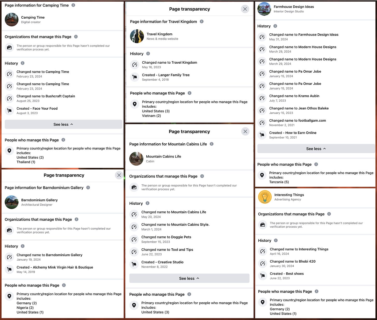 screenshots of the Page Transparency section for six Facebook accounts, showing each has been renamed at least once