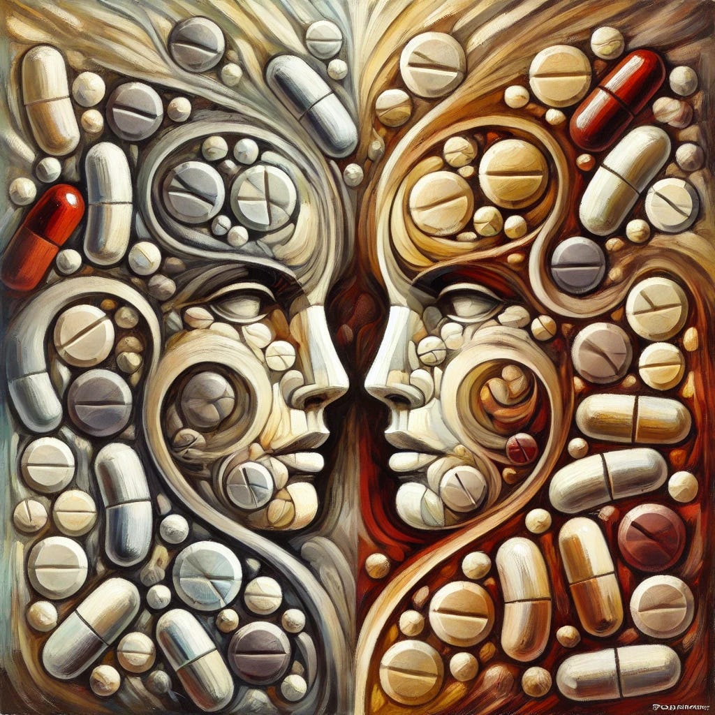 A sophisticated, square oil painting portraying the hidden complexities of the pharmaceutical industry. The artwork features an abstract interplay of pill forms merging with human faces, suggesting manipulation and influence. The scene is layered with swirling brushstrokes, evoking a sense of unease and obscured truths. The palette includes muted earth tones, deep reds, and subtle highlights of gold, lending a timeless and introspective quality to the painting.