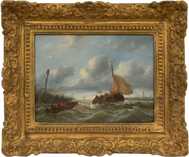 'Boeier in woelige haveningang' 1842 - olieverf op paneel: Albert van Beest (herkomst: coll. Simonis & Buunk Kunsthandel, Ede)