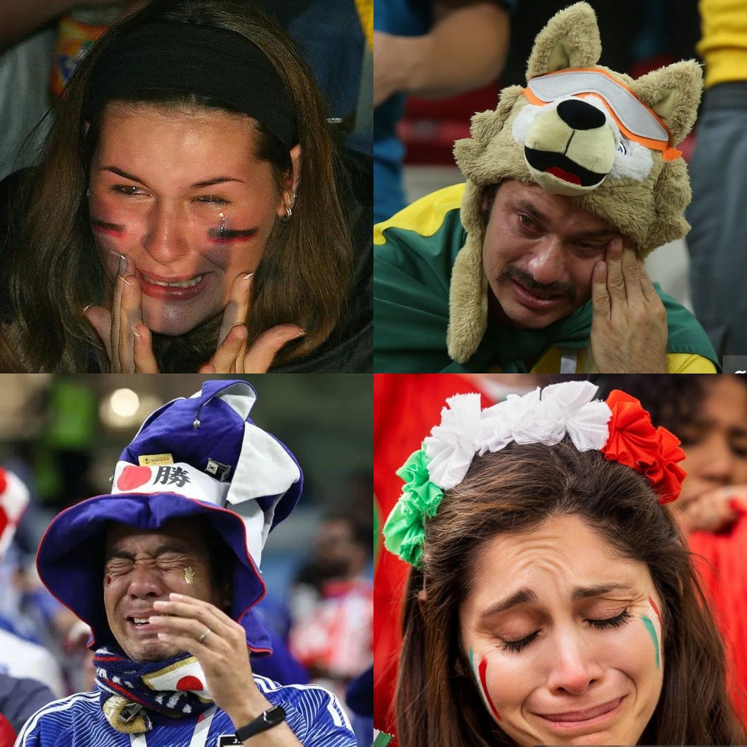 Collage of Four World Cup Fans garbed in their country clothes, weeping