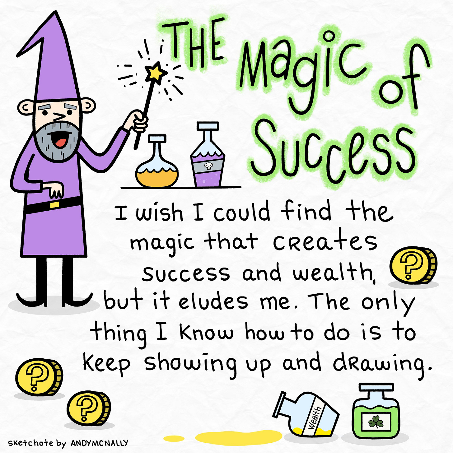 an illustration with a wizard, potion bottles, and text about making your own success 