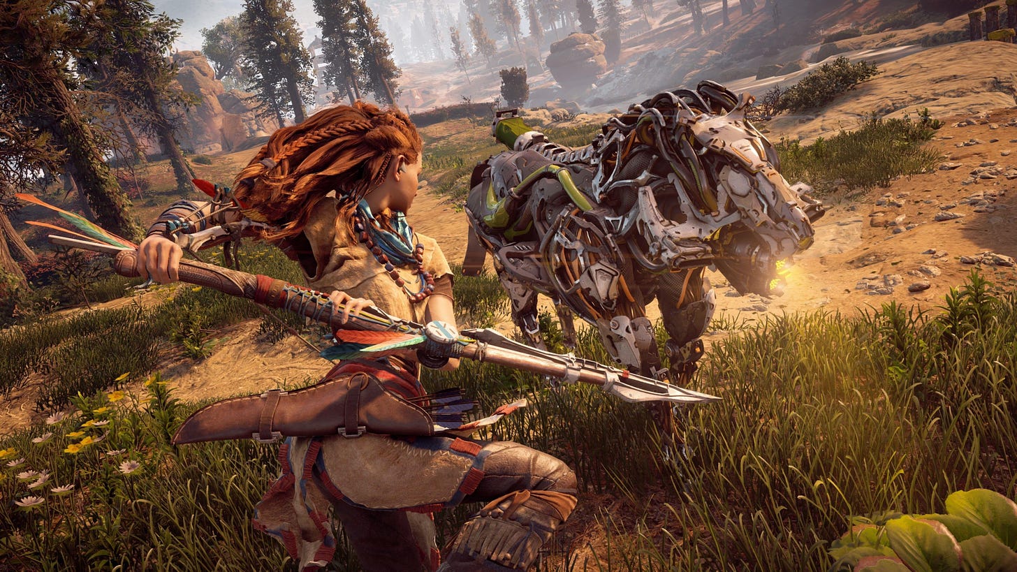 Image of Aloy attacking a machine in the video game Horizon Zero Dawn