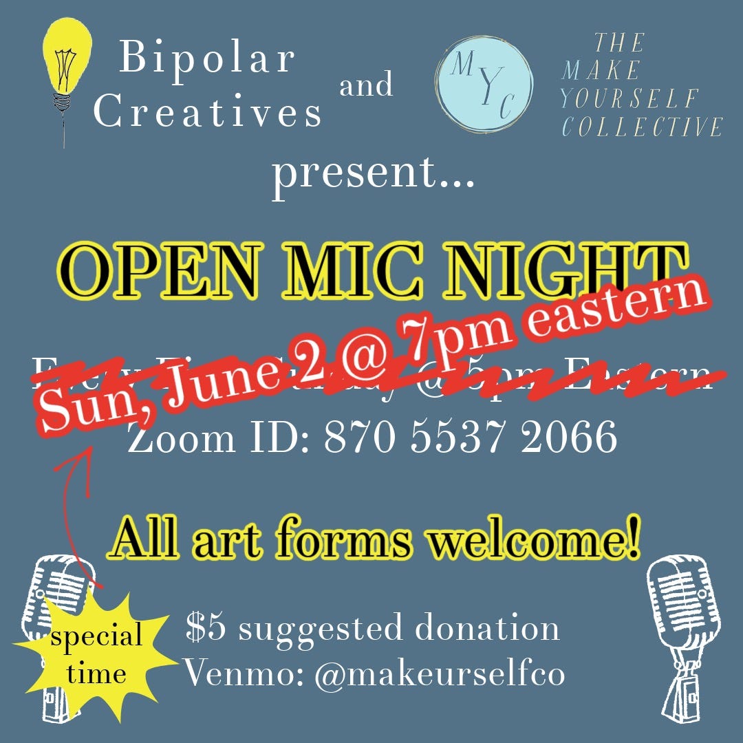 Open mic this Sunday (7 pm EST)