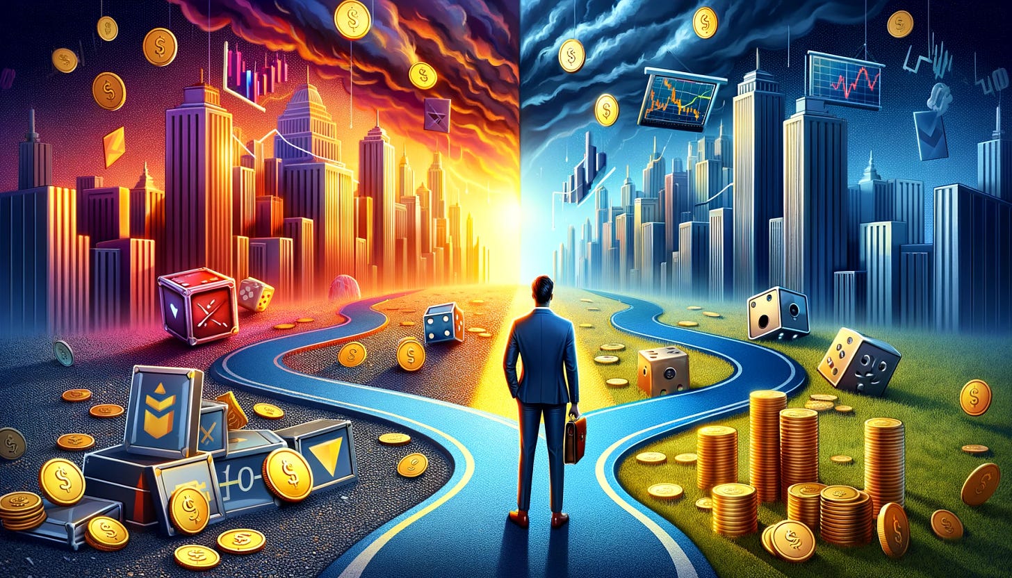 A metaphorical illustration for a blog about options trading. The scene features a trader standing at a forked path in a surreal financial district. One path, vivid and stormy, represents risk and high reward, littered with golden coins and dice. The other path, calm and sunny, is lined with shields and safes, symbolizing safety and protection. The trader, depicted in modern business attire, looks thoughtfully at a floating digital screen displaying stock market charts and earnings reports, indicating the decision at hand. The background merges a cityscape with elements like currency symbols and graphs subtly integrated.