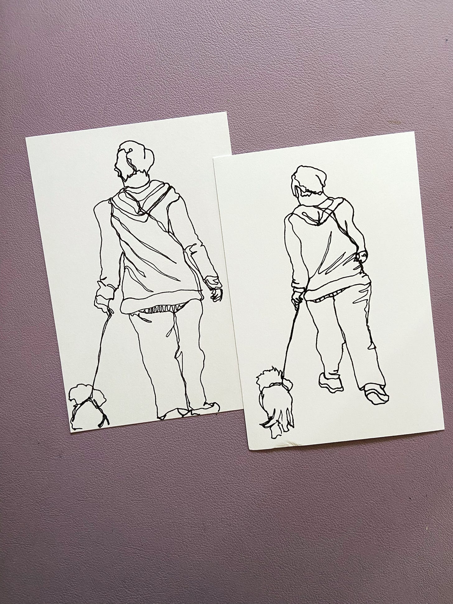Simple one-line contour drawings based on photos of someone walking ahead of me.