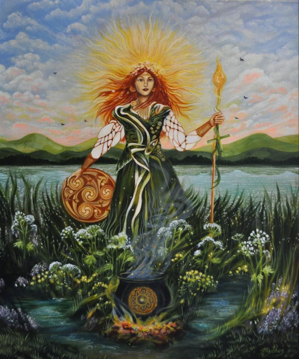 Brigid stands with a drum in one hand and a staff in the other. There is a cauldron in front. Her hair looks like fire. She is standing in front of water. It is a whimsical painting. 