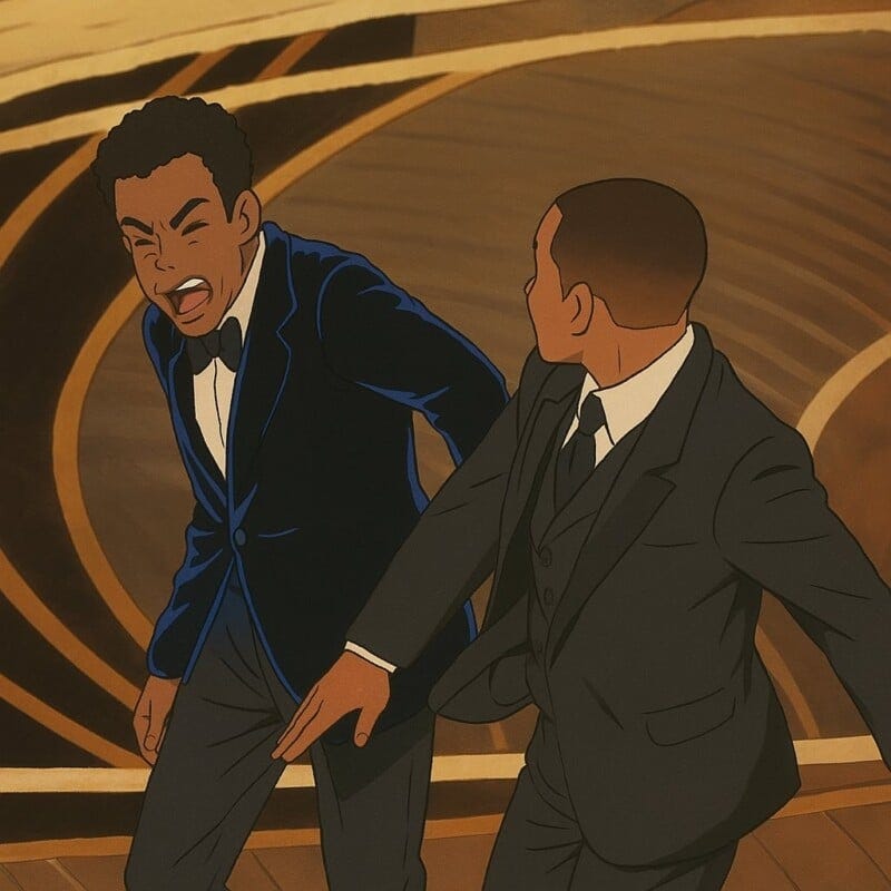 Two animated men dressed in formal suits face each other on a stage. One man appears surprised or upset, while the other gestures with his arm extended toward him. The background shows a stylized, abstract floor pattern.