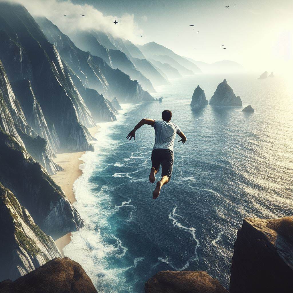 a zoomed out shot of a man jumping off a cliff into the ocean