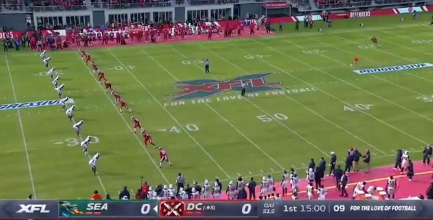 a screenshot of players lined up for the kickoff in an XFL game