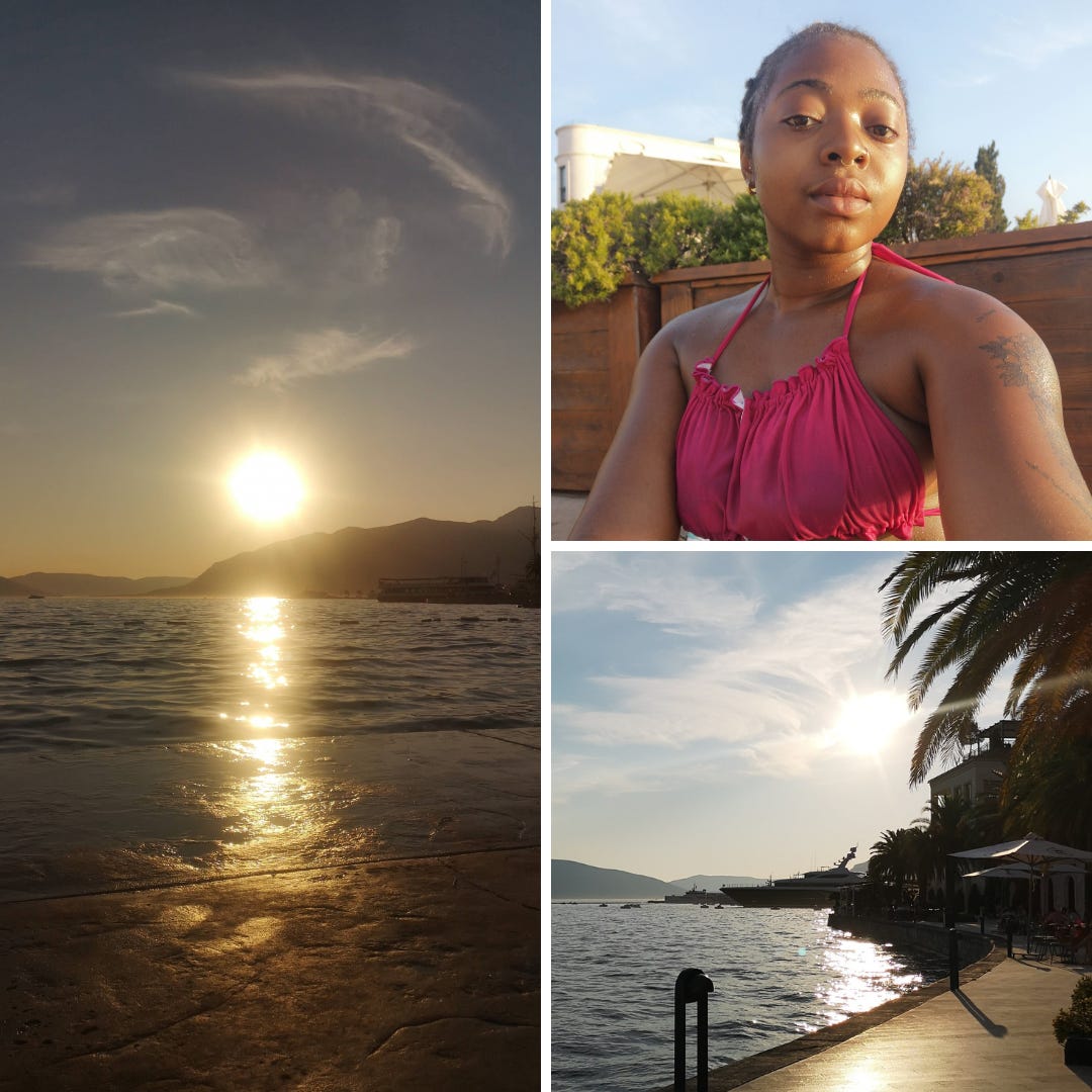 A photo set showing sunset over the bay on the left. On the top-right corner, an image of Bleggy, a Black woman wearing a pink tie-neck bikini with her hair cornrowed back. On the bottom-left, there is an image of the bay on the left with a view of the pedestrian sidewalk. The image is framed by a palm tree.