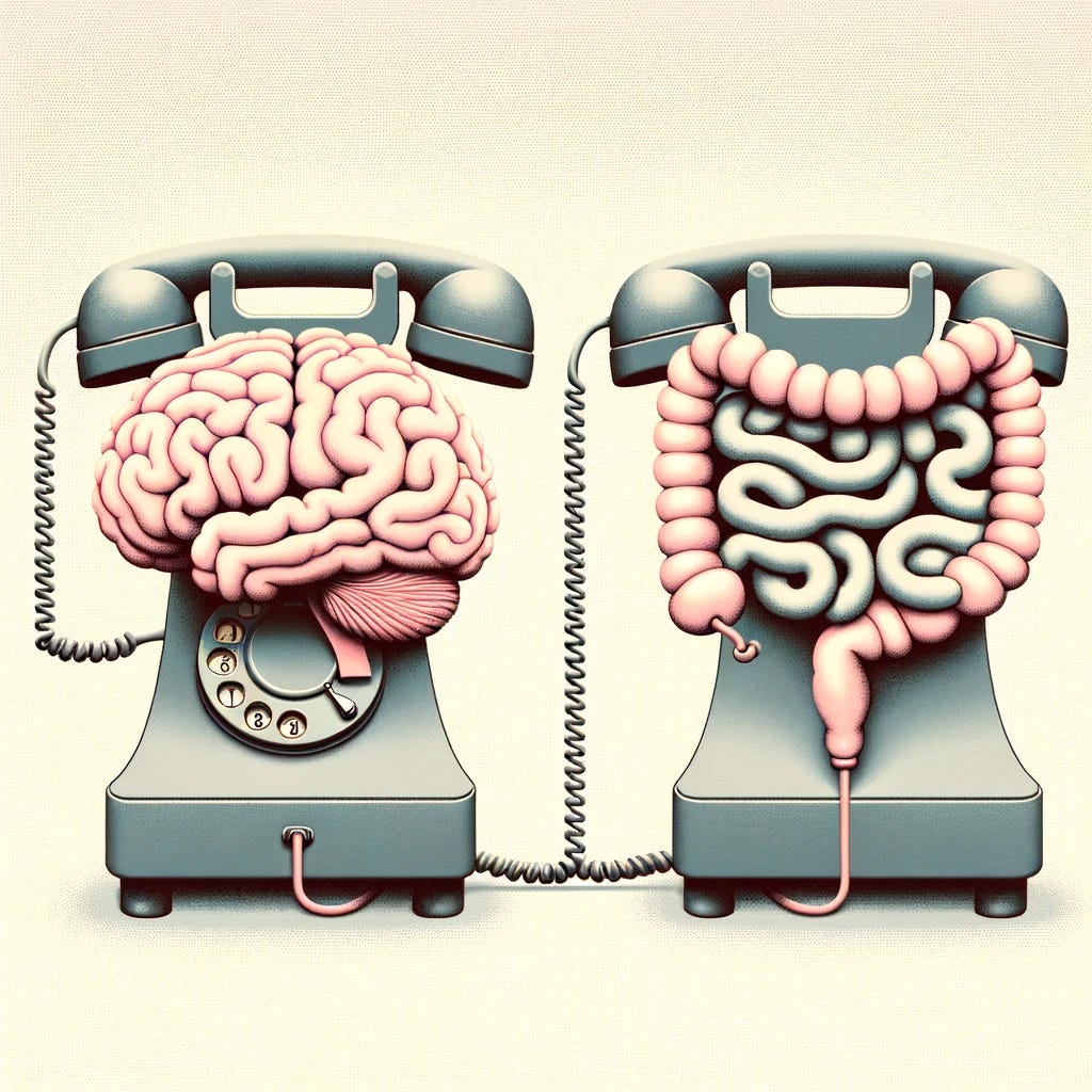 A creative and simple analogy for the gut-brain axis. The illustration should feature a telephone line connecting two old-fashioned rotary dial telephones, one representing the brain and the other the gut. The brain telephone should be on the left, designed with features resembling a human brain, like soft contours and in a pinkish hue. The gut telephone should be on the right, with a design inspired by the intestinal coils, in a light brown color. The telephone line between them, representing the gut-brain axis, should be prominent, symbolizing clear communication. The background should be plain and light-colored to keep the focus on the analogy.