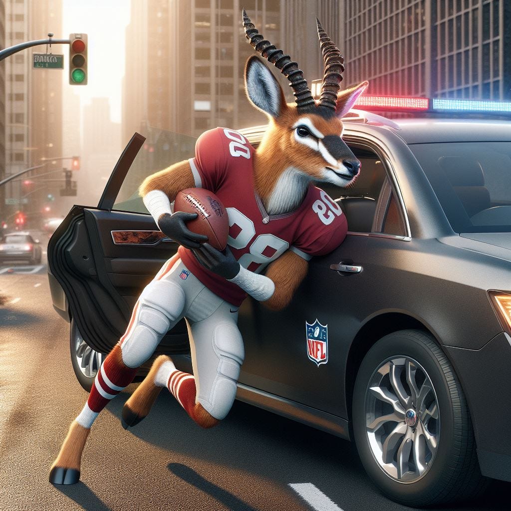 3d render of an antelope, dressed in an nfl football uniform, stealing a car