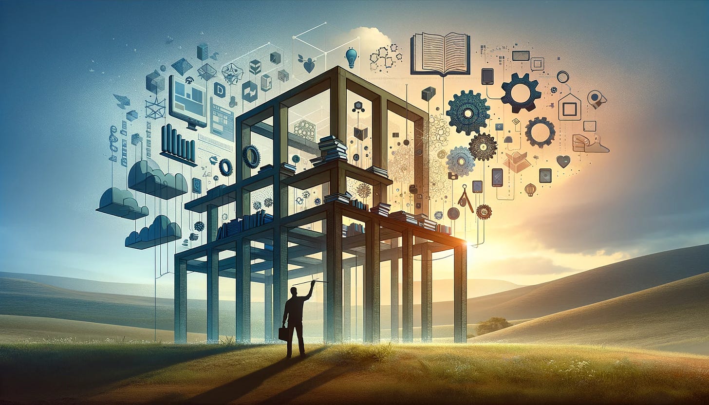 A silhouette of a person stands in front of a half-constructed structure, symbolizing innovation and human flourishing. Instead of traditional building materials, the structure is being assembled from floating symbols like open books, gears, and digital icons, representing knowledge, technology, and community. The scene is set against a serene backdrop, with soft blues, greens, and earth tones dominating the palette to complement a main color theme of #ee7835. The atmosphere is one of inspiration and creativity, emphasizing the importance of the foundation on which we build. The image is designed in a simple, engaging style suitable for a Substack newsletter focused on technology, education, and human flourishing.