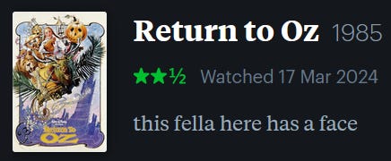 screenshot of LetterBoxd review of Return to Oz, watched March 17, 2024: this fella here has a face