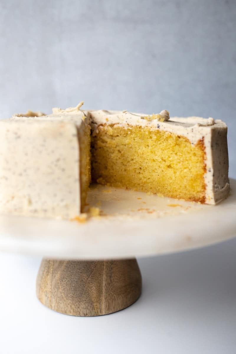 olive oil cake with slice cut out