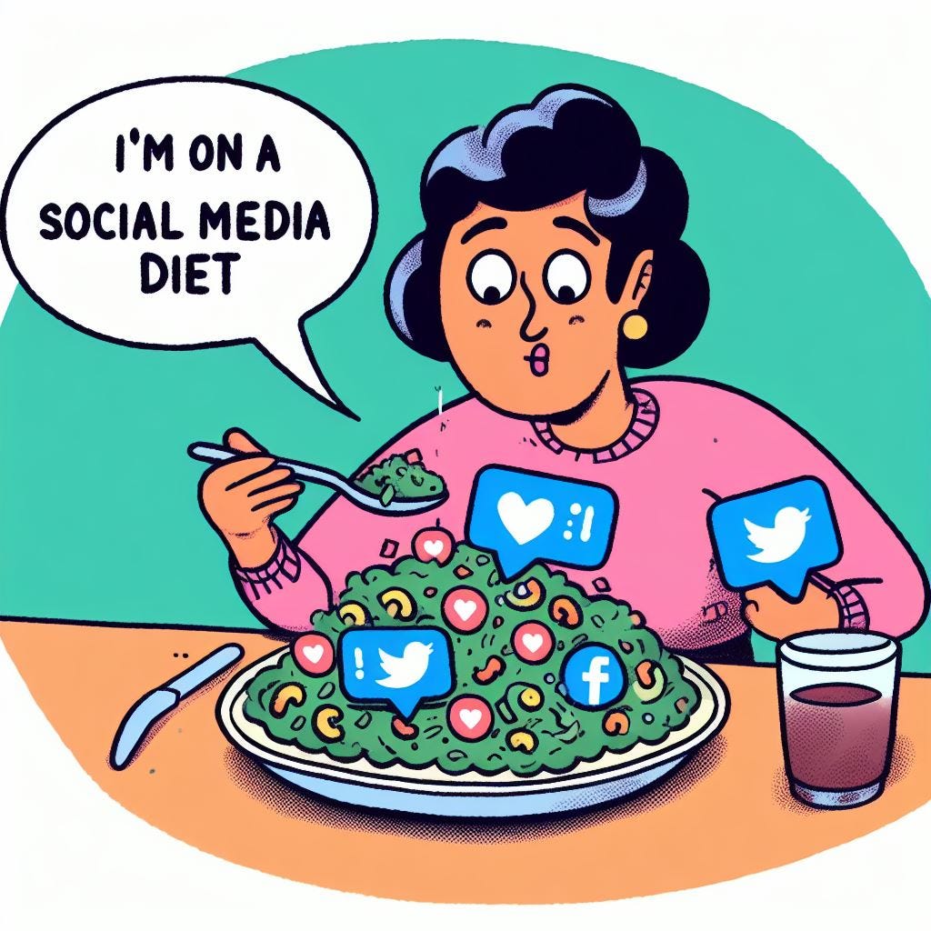 Cartoon illustration: A woman is eating a meal made up of literal "Likes" and "Shares." She says, "I'm on a social media diet"