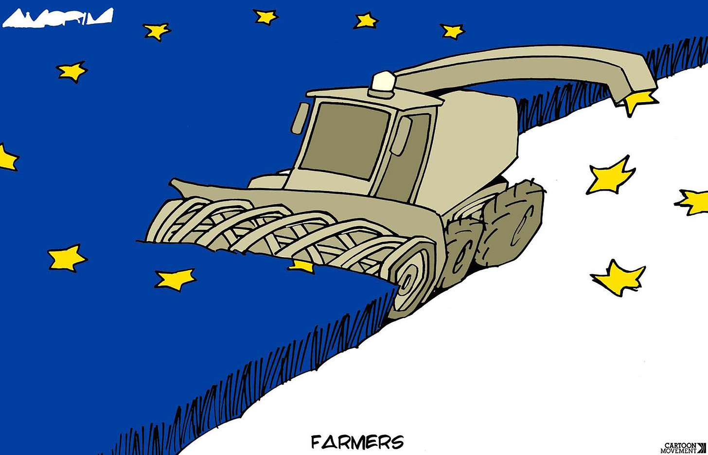 Cartoon showing a combine harvester. The field of grain it is harvesting has a EU flag on it, while the harvest itself, coming out of the side pipe, are the yellow stars on the European flag.