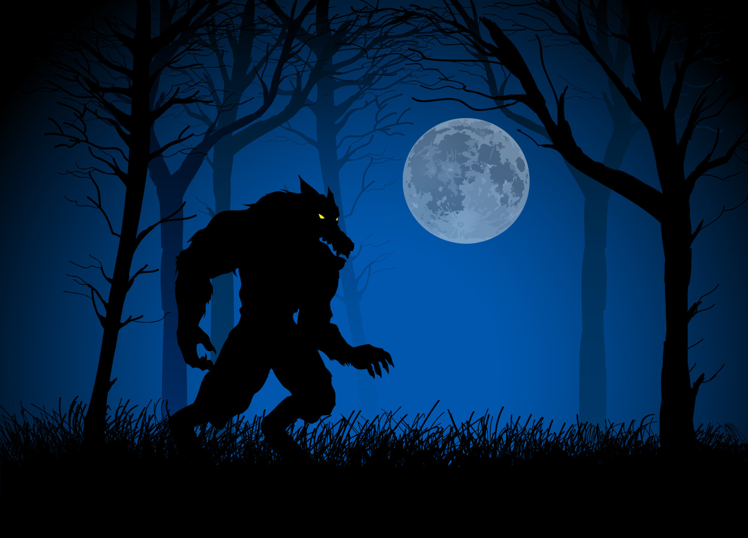 image of a dogman in the woods with a full moon.