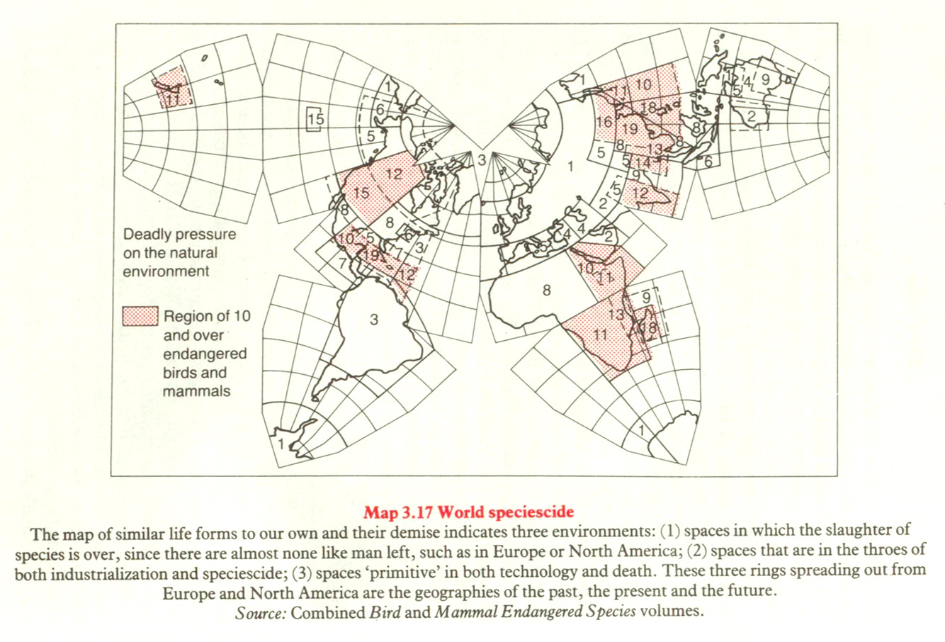 A global projection of the planet where various regions are labeled with numbers indicating the "deadly pressure on the natural environment" in the form of endangered birds and mammals. Regions with 10 or more such animals are overlaid in red shading.