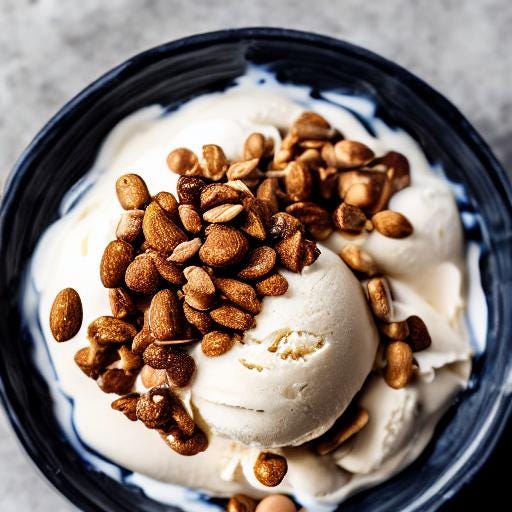 AI-generated image of an overhead shot of vanilla ice cream in a dark, blue bowl, with peanuts as a topping