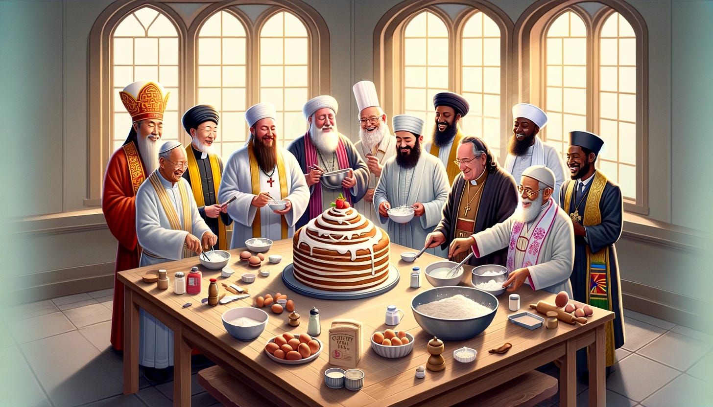 Illustrate a scene where a Taoist priest, an Orthodox Christian priest, an Islamic imam, a Mayan priest, a Hindu priest, a Jewish Rabbi, and an Ethiopian Coptic priest are together in a large kitchen, each wearing their formal religious attires. They are collaboratively making a giant cream cake, engaging in a friendly and cooperative manner. The kitchen setting is spacious and well-equipped, with baking tools and ingredients like flour, eggs, sugar, and cream spread out on a large counter. Each religious leader is involved in a different task, such as mixing batter, whipping cream, layering the cake, or decorating it with fruits and icing, showcasing a spirit of unity and shared purpose. The atmosphere is warm and congenial, with sunlight streaming in through a window, illuminating the diverse group as they share their culinary skills to create a magnificent cream cake.