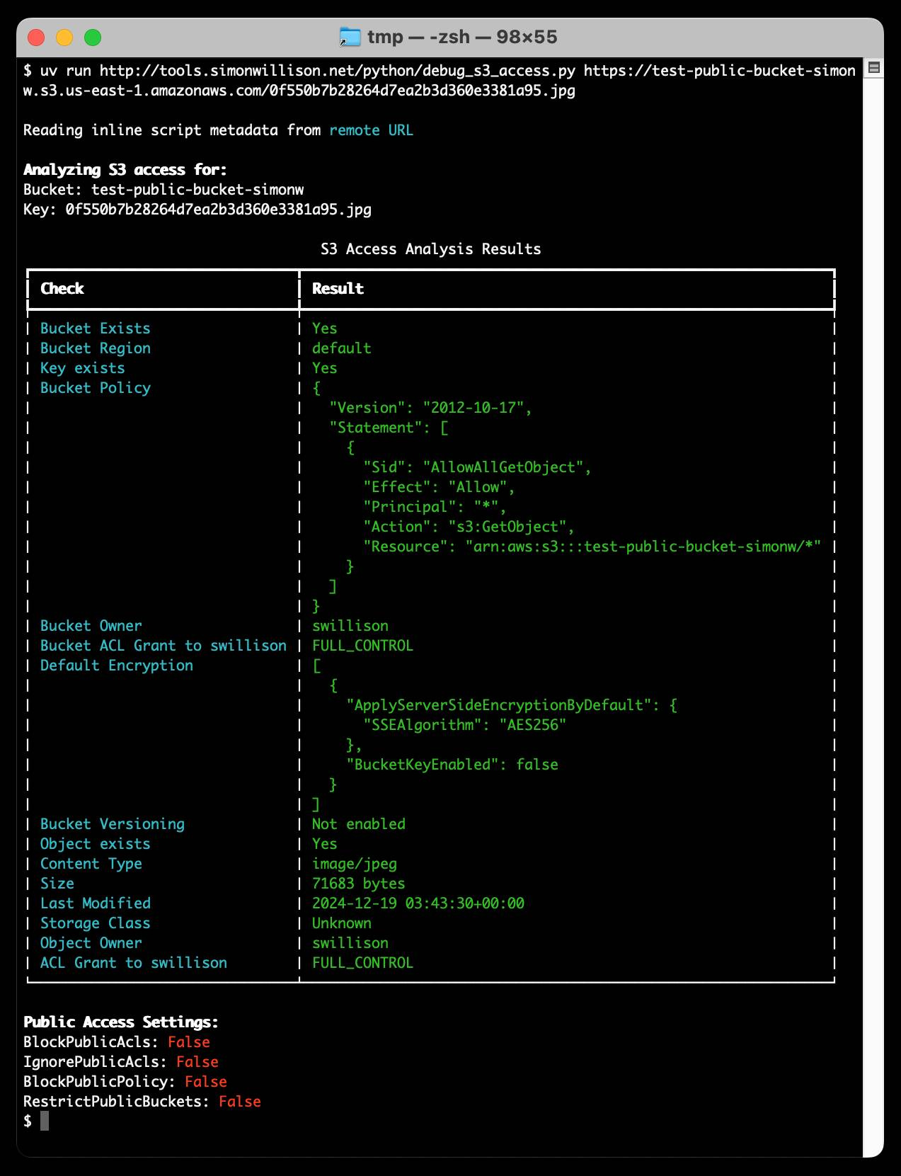 Terminal screenshot showing S3 access analysis results. Command: '$ uv run http://tools.simonwillison.net/python/debug_s3_access.py url-to-image' followed by detailed output showing bucket exists (Yes), region (default), key exists (Yes), bucket policy (AllowAllGetObject), bucket owner (swillison), versioning (Not enabled), content type (image/jpeg), size (71683 bytes), last modified (2024-12-19 03:43:30+00:00) and public access settings (all False)