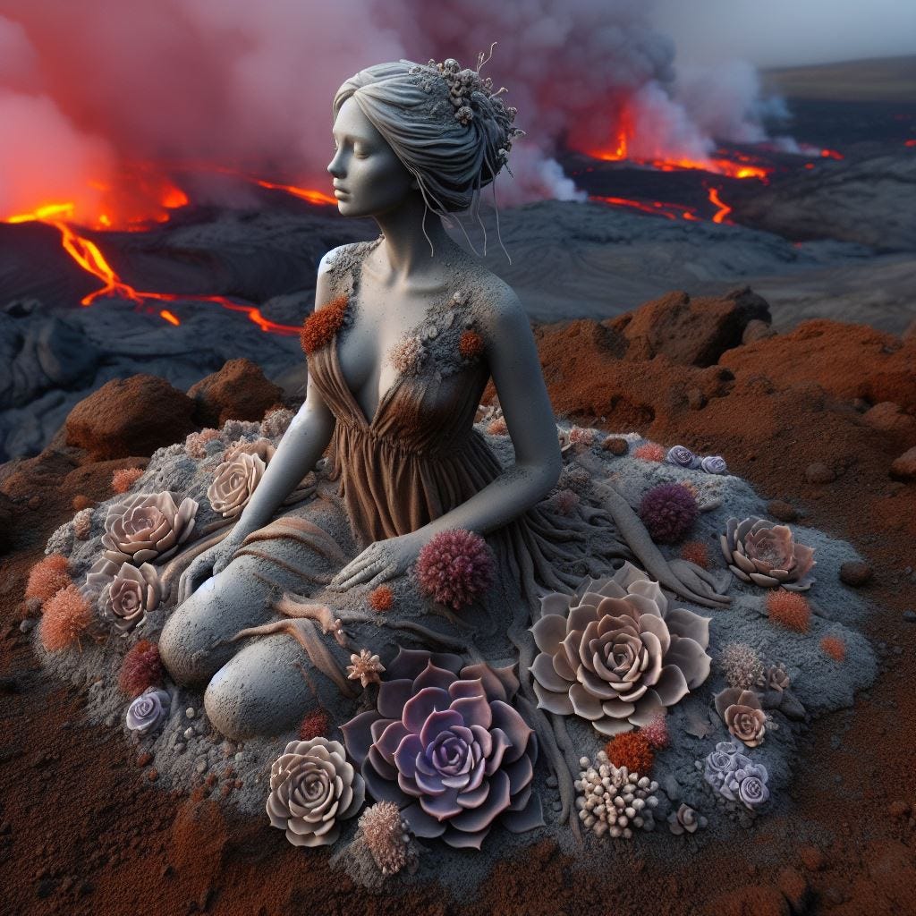Hyper realistic grey ceramic woman in sitting in brown dress made of dirt in dirt and mud. dirt covered earth with woman. dirt is brown and tan and amber and purple blue grey. tiny cream and light purple mycellium, Sempervivum spp. (Hens and Chicks)  Fiery red sky lava bombs and laze and vog from lavaflow. Ethereal . Luminescent