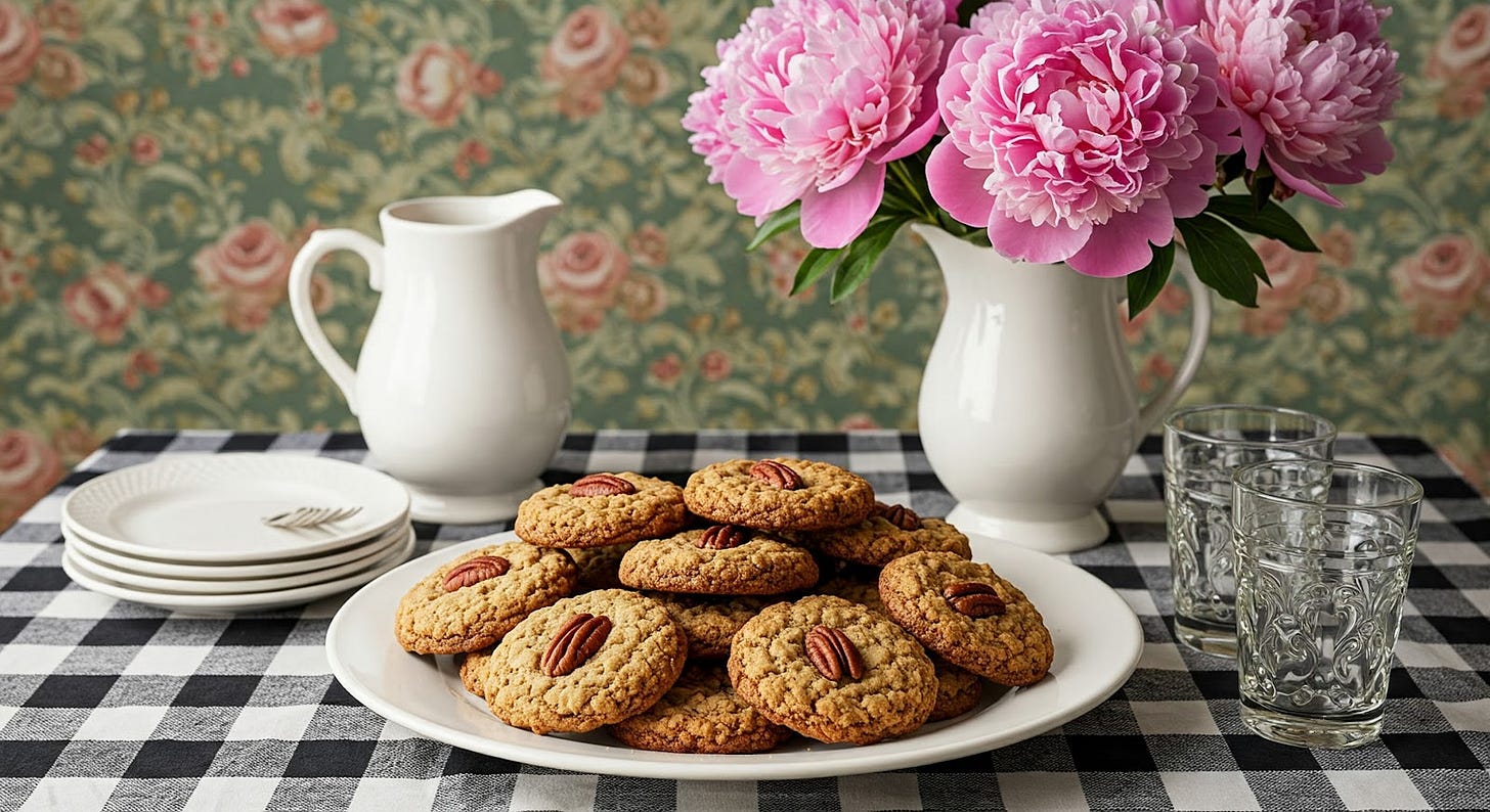 Photo of pecan oatmeal cookies with pitcher and plates and peonies. Photo of pecan oatmeal cookies with pitcher and plates and peonies.